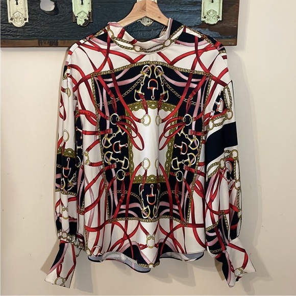 Zara Equestrian Chains and Harness Print Blouse Size Large - Picture 12 of 15